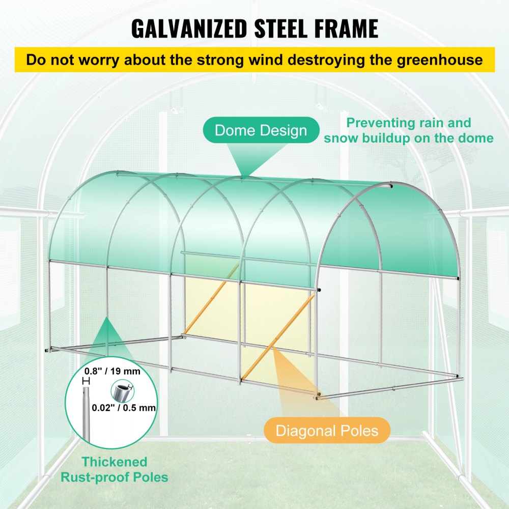 VEVOR 15 x 6.5 x 7 ft Walk-in Tunnel Greenhouse, Portable Plant Hot House with Galvanized Steel Hoops, 1 Top Beam, Diagonal Poles, Zippered Door & 8 Roll-up Windows, White