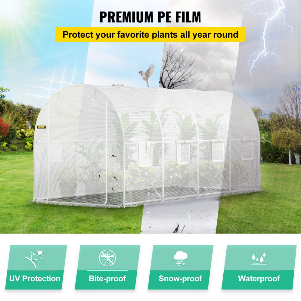VEVOR 15 x 6.5 x 7 ft Walk-in Tunnel Greenhouse, Portable Plant Hot House with Galvanized Steel Hoops, 1 Top Beam, Diagonal Poles, Zippered Door & 8 Roll-up Windows, White