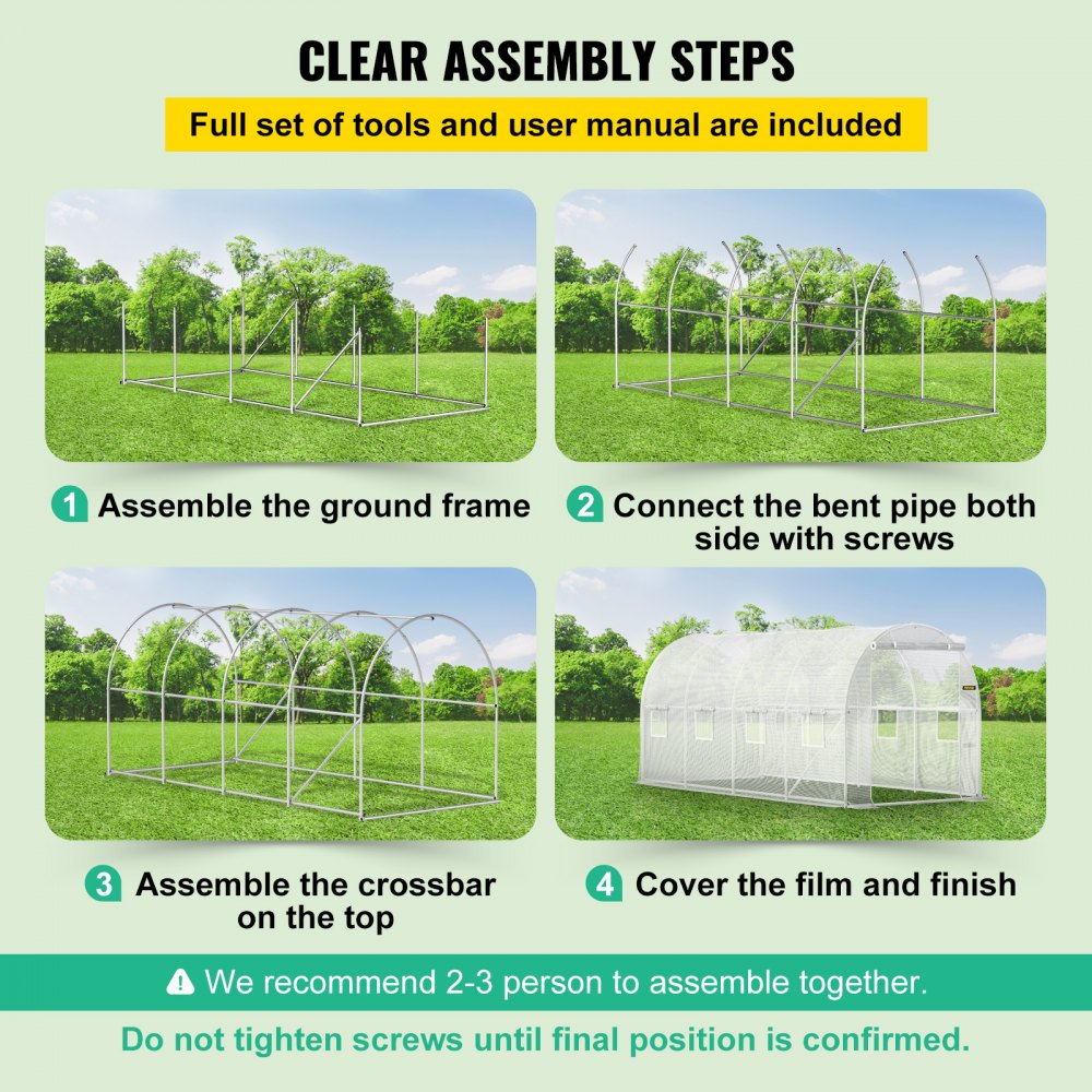 VEVOR 15 x 6.5 x 7 ft Walk-in Tunnel Greenhouse, Portable Plant Hot House with Galvanized Steel Hoops, 1 Top Beam, Diagonal Poles, Zippered Door & 8 Roll-up Windows, White