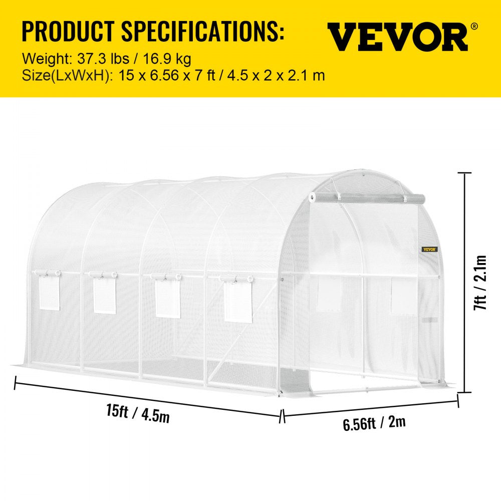VEVOR 15 x 6.5 x 7 ft Walk-in Tunnel Greenhouse, Portable Plant Hot House with Galvanized Steel Hoops, 1 Top Beam, Diagonal Poles, Zippered Door & 8 Roll-up Windows, White