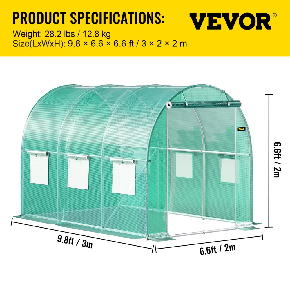VEVOR Walk-in Tunnel Greenhouse, 9.8 x 6.6 x 6.6 ft Portable Plant Hot House with Galvanized Steel Hoops, 1 Top Beam, Diagonal Poles, Zippered Door & 6 Roll-up Windows, Green