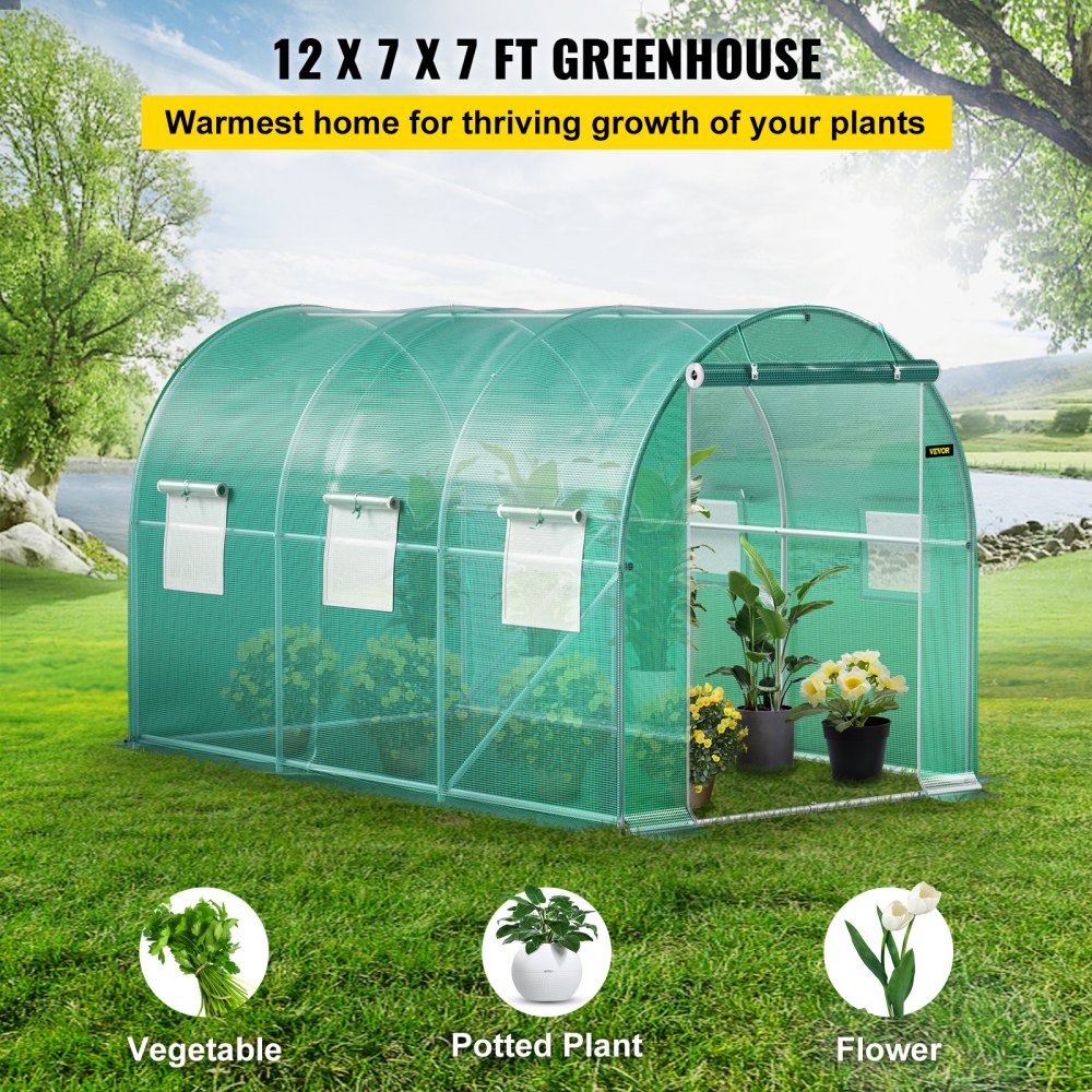 VEVOR 12 x 7 x 7 ft Walk-in Tunnel Greenhouse, Portable Plant Hot House with Galvanized Steel Hoops, 1 Top Beams, 2 Diagonal Poles, 1 Zippered Door & 6 Roll-up Windows, Green