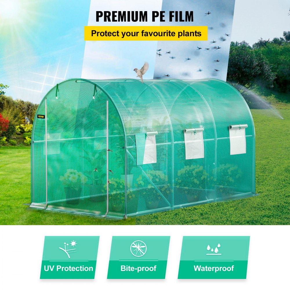 VEVOR 12 x 7 x 7 ft Walk-in Tunnel Greenhouse, Portable Plant Hot House with Galvanized Steel Hoops, 1 Top Beams, 2 Diagonal Poles, 1 Zippered Door & 6 Roll-up Windows, Green
