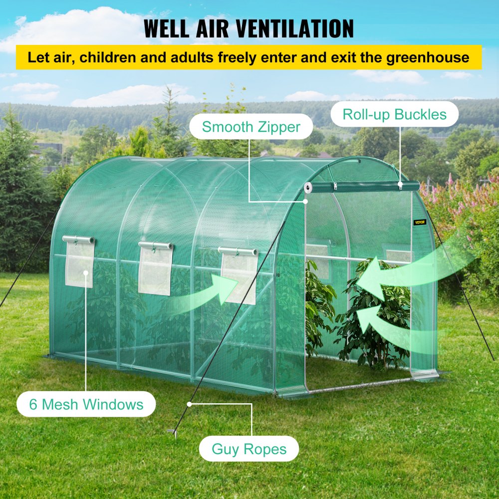 VEVOR 12 x 7 x 7 ft Walk-in Tunnel Greenhouse, Portable Plant Hot House with Galvanized Steel Hoops, 1 Top Beams, 2 Diagonal Poles, 1 Zippered Door & 6 Roll-up Windows, Green