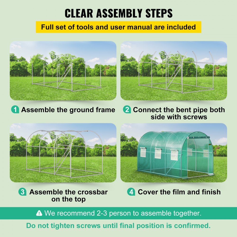 VEVOR 12 x 7 x 7 ft Walk-in Tunnel Greenhouse, Portable Plant Hot House with Galvanized Steel Hoops, 1 Top Beams, 2 Diagonal Poles, 1 Zippered Door & 6 Roll-up Windows, Green