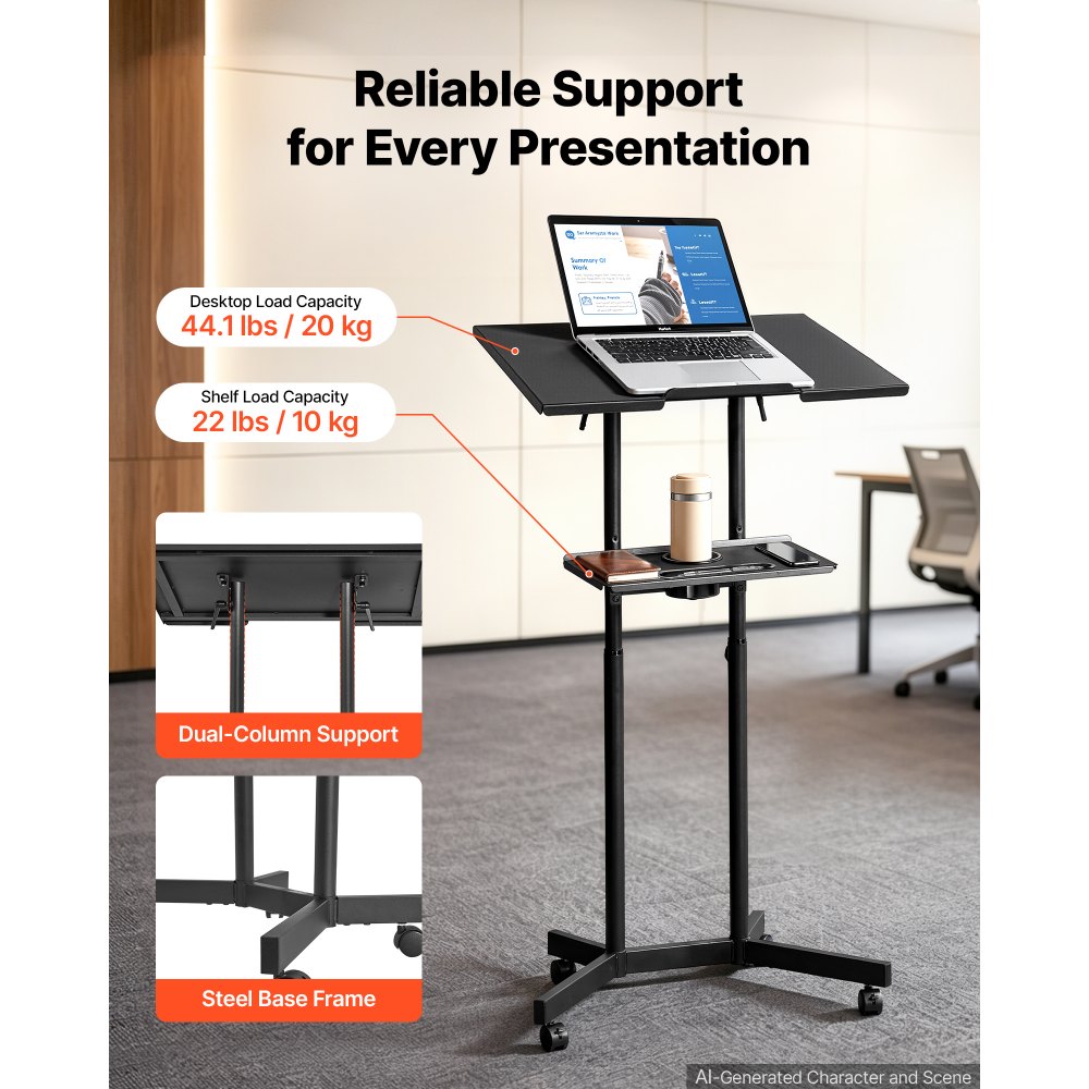 VEVOR Podium Stand, Adjustable Height Steel Lectern Mobile Laptop Desk, for Schools, Churches and Events, 40-49 inch, Portable Presentation Lectern Stand with 0-30° Tilt Top and 2-Position Shelf