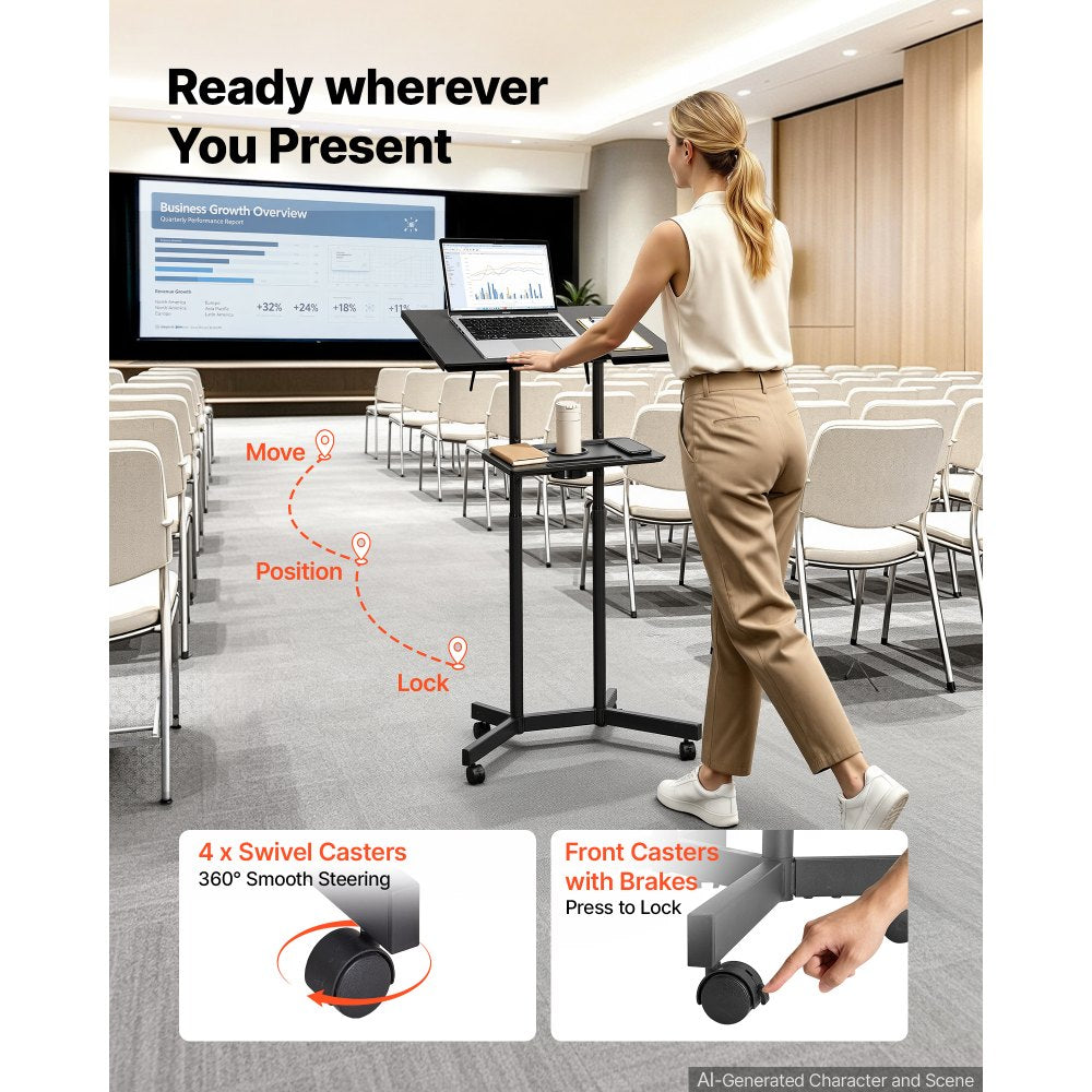 VEVOR Podium Stand, Adjustable Height Steel Lectern Mobile Laptop Desk, for Schools, Churches and Events, 40-49 inch, Portable Presentation Lectern Stand with 0-30° Tilt Top and 2-Position Shelf