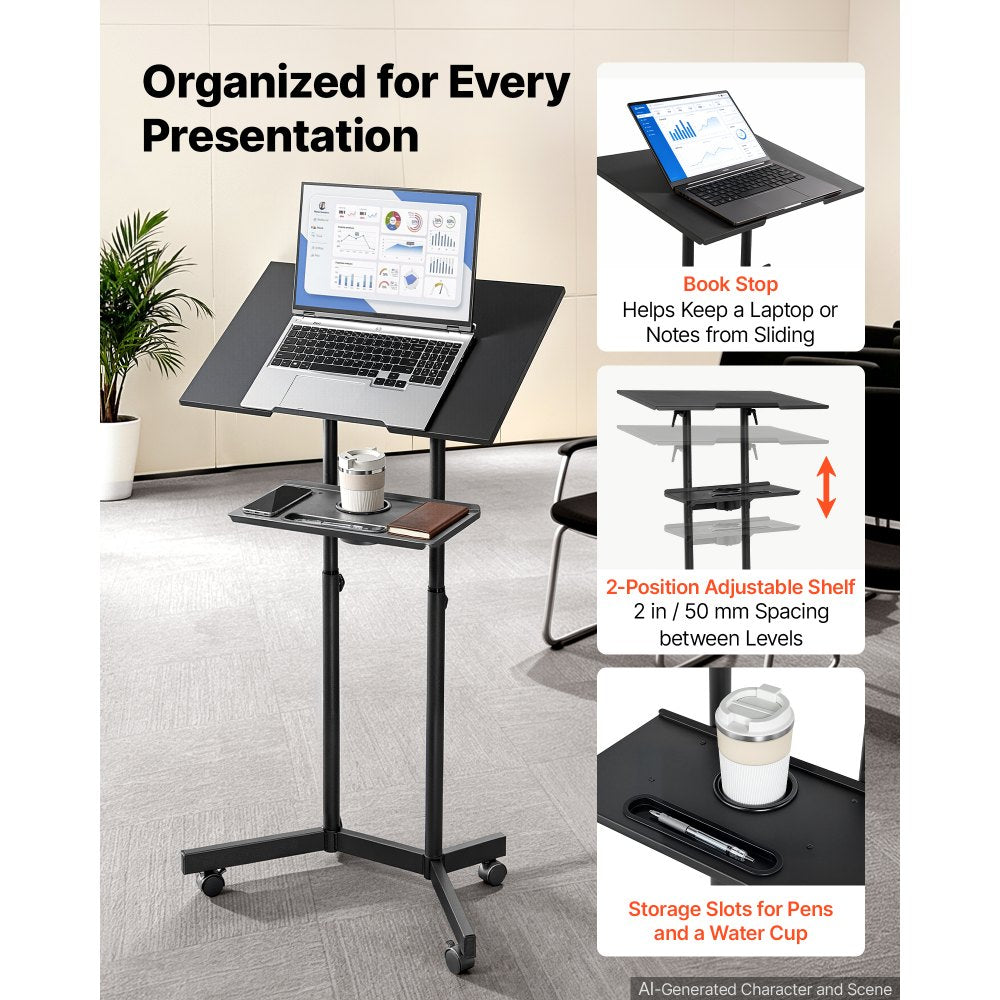VEVOR Podium Stand, Adjustable Height Steel Lectern Mobile Laptop Desk, for Schools, Churches and Events, 40-49 inch, Portable Presentation Lectern Stand with 0-30° Tilt Top and 2-Position Shelf