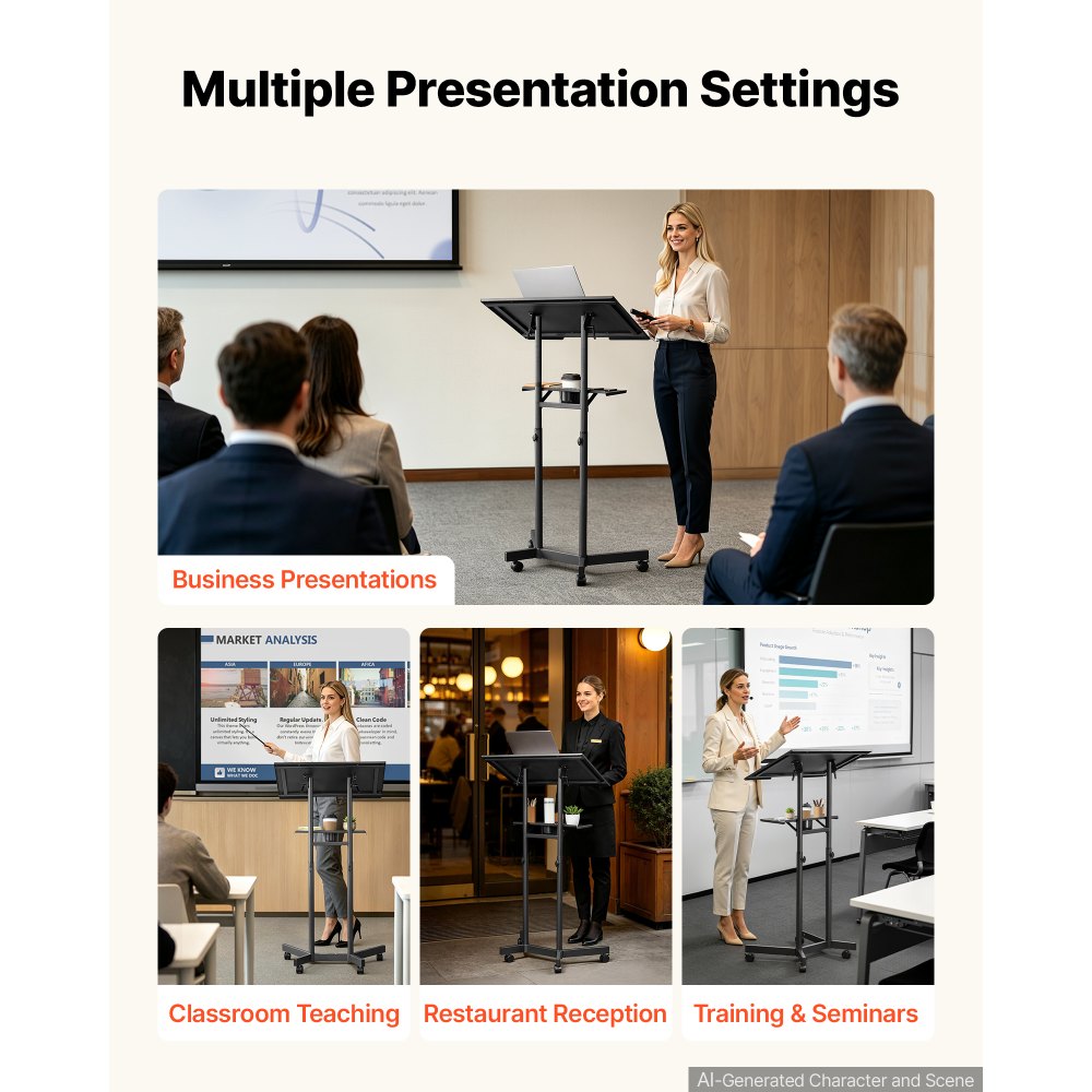 VEVOR Podium Stand, Adjustable Height Steel Lectern Mobile Laptop Desk, for Schools, Churches and Events, 40-49 inch, Portable Presentation Lectern Stand with 0-30° Tilt Top and 2-Position Shelf