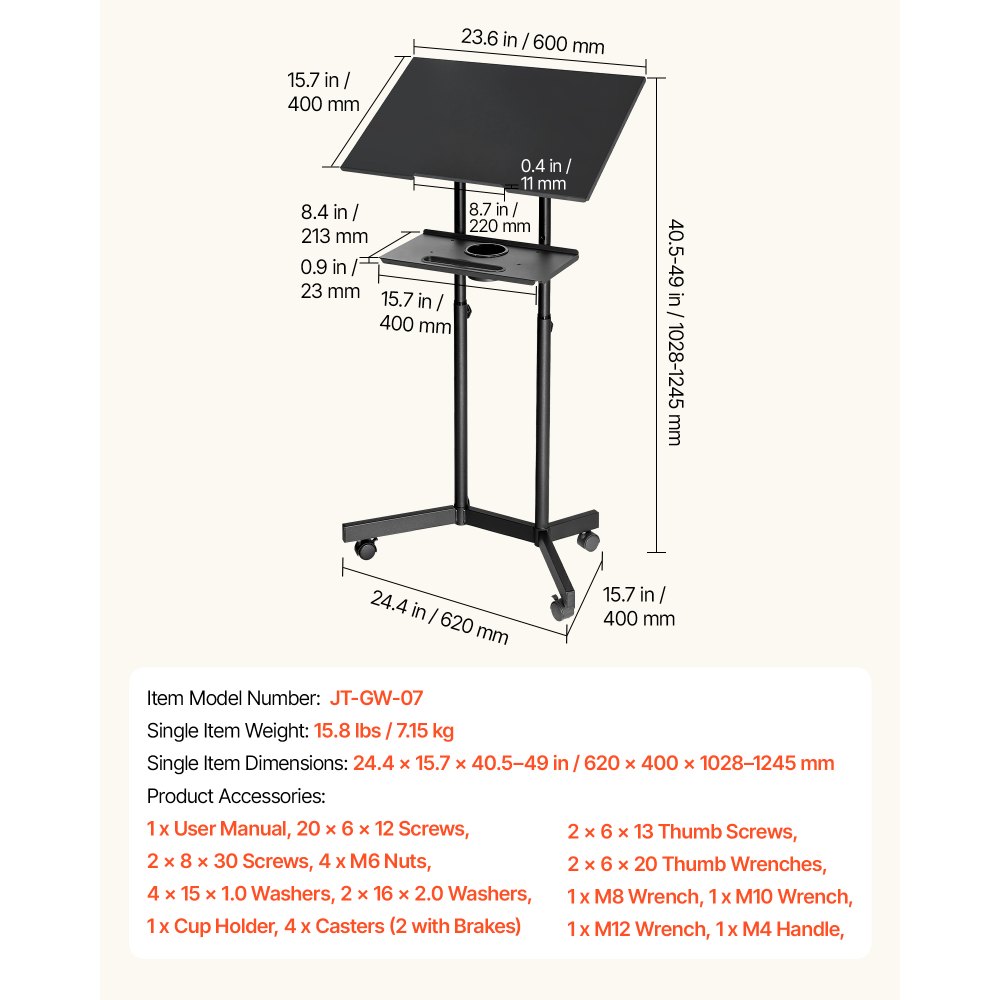 VEVOR Podium Stand, Adjustable Height Steel Lectern Mobile Laptop Desk, for Schools, Churches and Events, 40-49 inch, Portable Presentation Lectern Stand with 0-30° Tilt Top and 2-Position Shelf