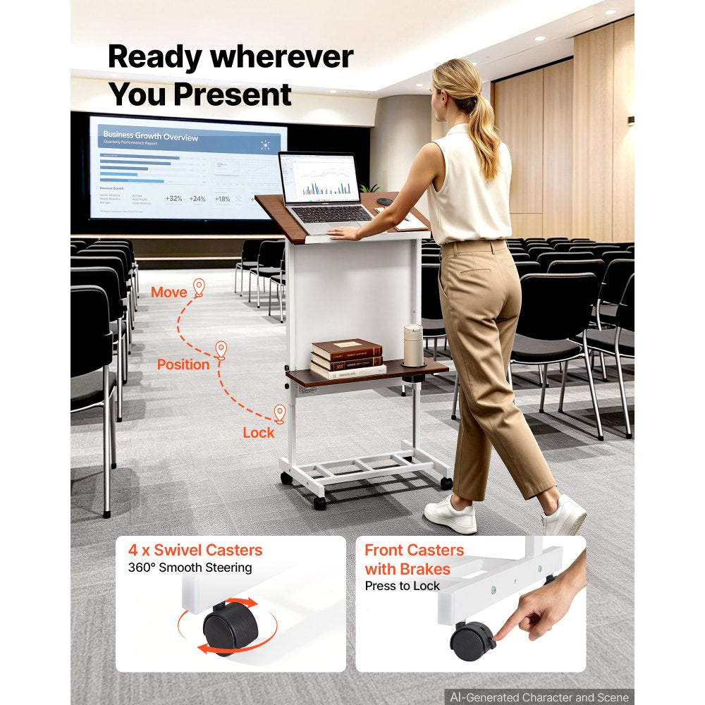 VEVOR Podium Stand, Adjustable Height Wooden Lectern Mobile Laptop Desk, for Schools, Churches and Events, 40-49 inch, Portable Presentation Lectern Stand with Storage Shelf, Book Stop and Cup Holder