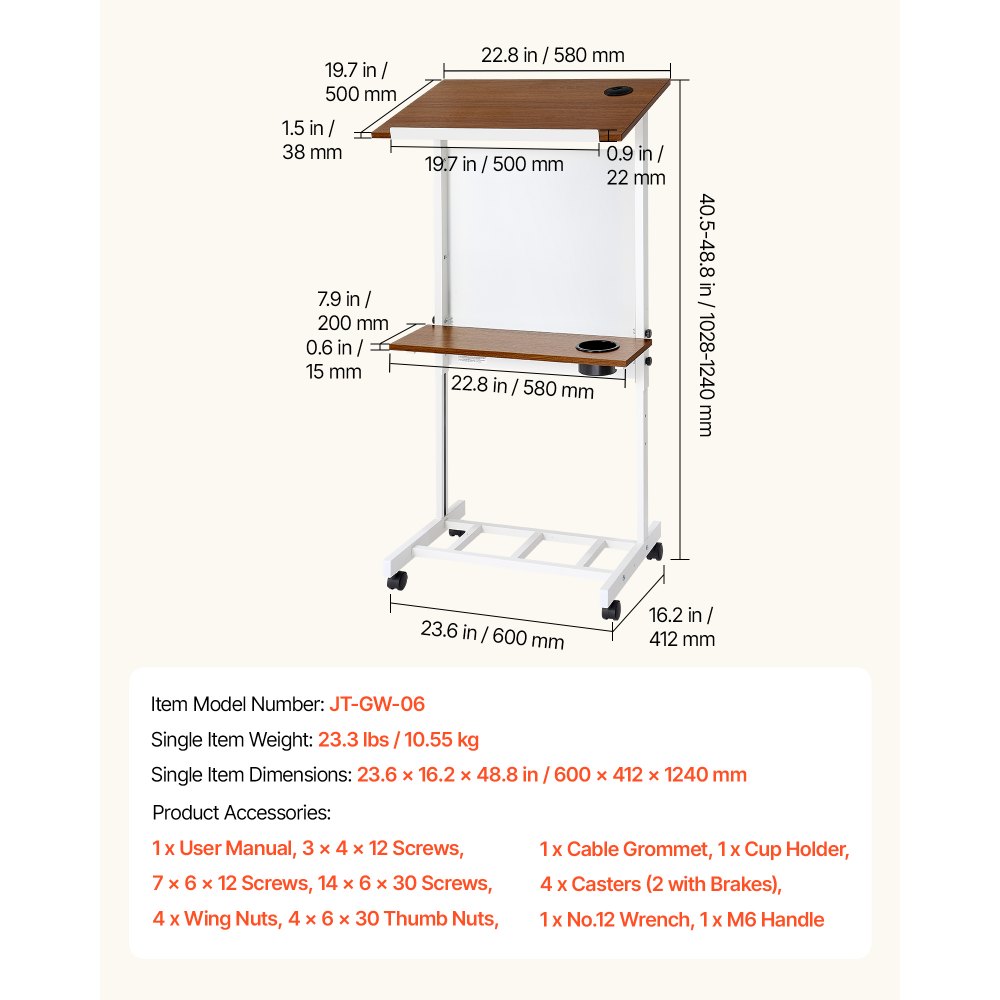 VEVOR Podium Stand, Adjustable Height Wooden Lectern Mobile Laptop Desk, for Schools, Churches and Events, 40-49 inch, Portable Presentation Lectern Stand with Storage Shelf, Book Stop and Cup Holder