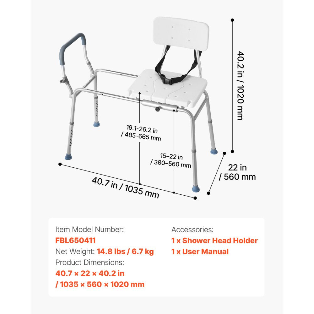 VEVOR Sliding Shower Chair, 400 lbs Capacity Tub Transfer Bench for Bathtub, Heavy Duty Shower Bench with Arms and Backrest, Height Adjustable Seat for Handicap, Adults, Seniors, Elderly and Disabled