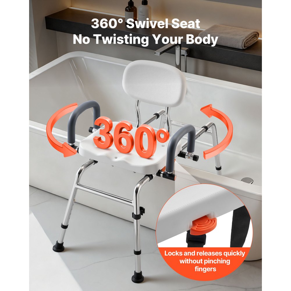 VEVOR Sliding Shower Chair, 400 lbs Tub Transfer Bench for Bathtub with Swivel Seat, Shower Bench with Pivoting Arms and Backrest, Height & Width Adjustable for Handicap, Seniors, Elderly and Disabled