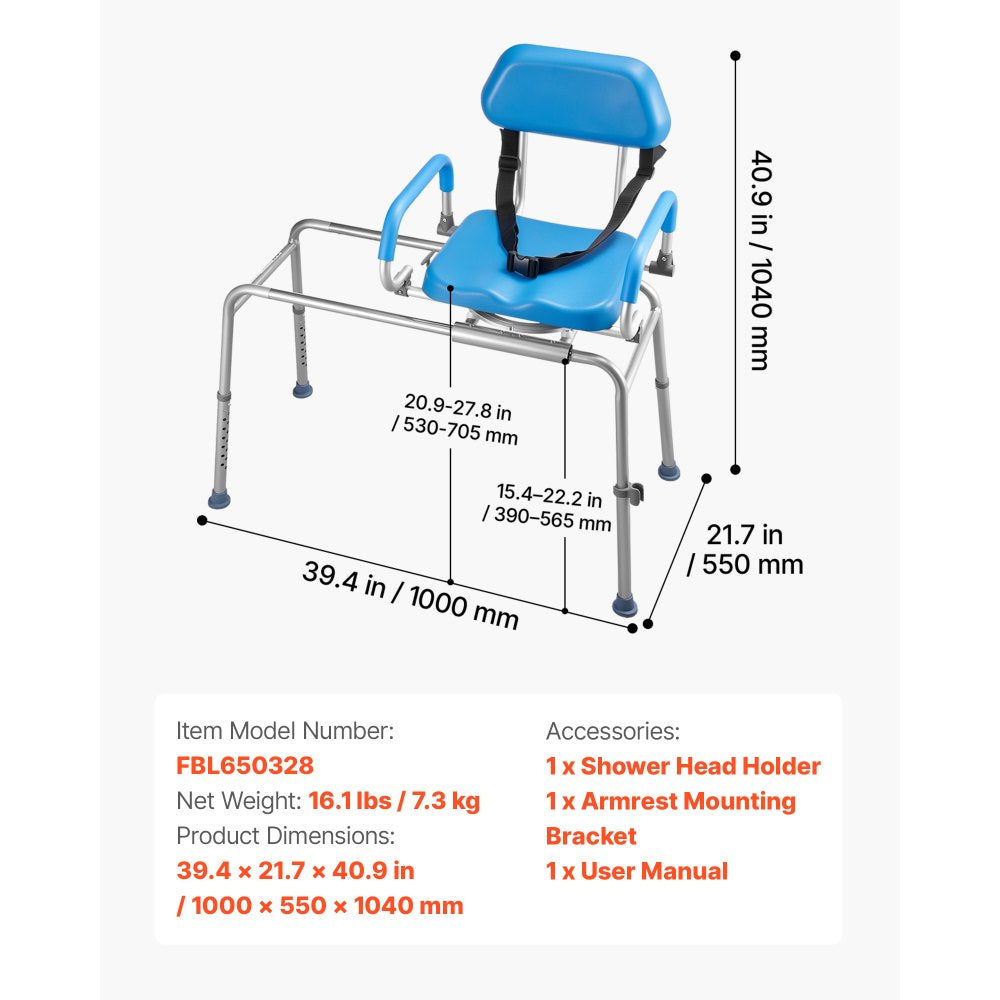 VEVOR Sliding Shower Chair, 330 lbs Tub Transfer Bench for Bathtub with Swivel Seat, Padded Shower Bench with Pivoting Arms and Backrest, Height Adjustable for Handicap, Seniors, Elderly and Disabled