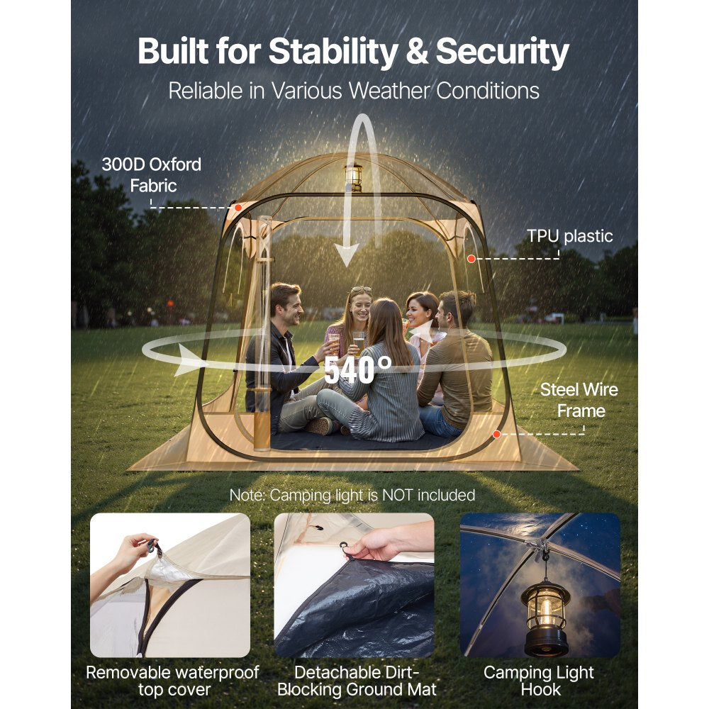 VEVOR Pop up Sports Tent, 72x72 in Clear Bubble Tent for 2-4 Persons, Waterproof Outdoor Pod with Floor Mat & Top Cover, Garden Igloo Dome Tents Camping Shelter for Events Fishing Cheering