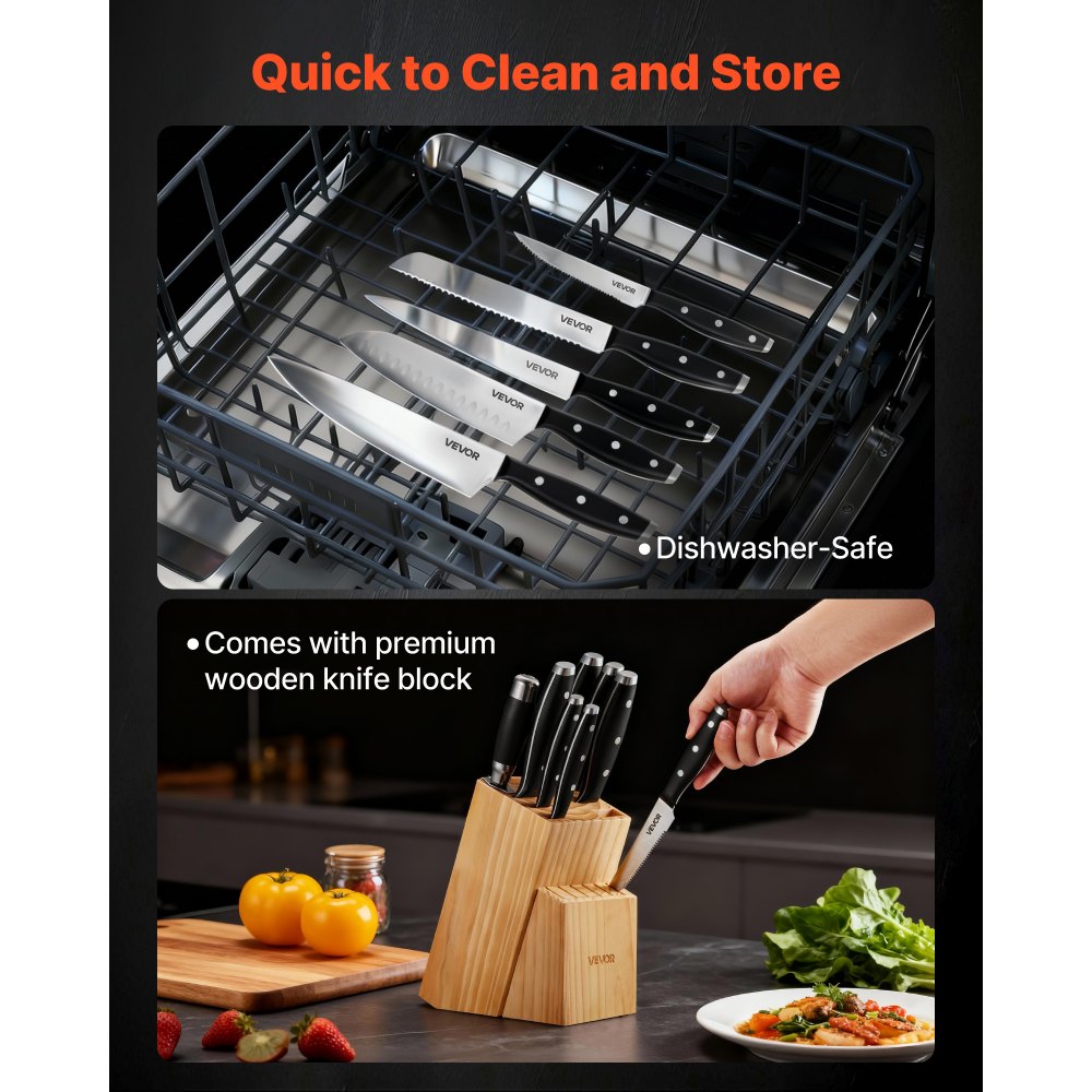 VEVOR Kitchen Knife Set with Block and Sharpener, 15 Piece High Carbon Stainless Steel Sharp Knife Set, Kitchen Cutlery with Ergonomic Handle, Sharpening Rod and Premium Wooden Block, for Home Cooks