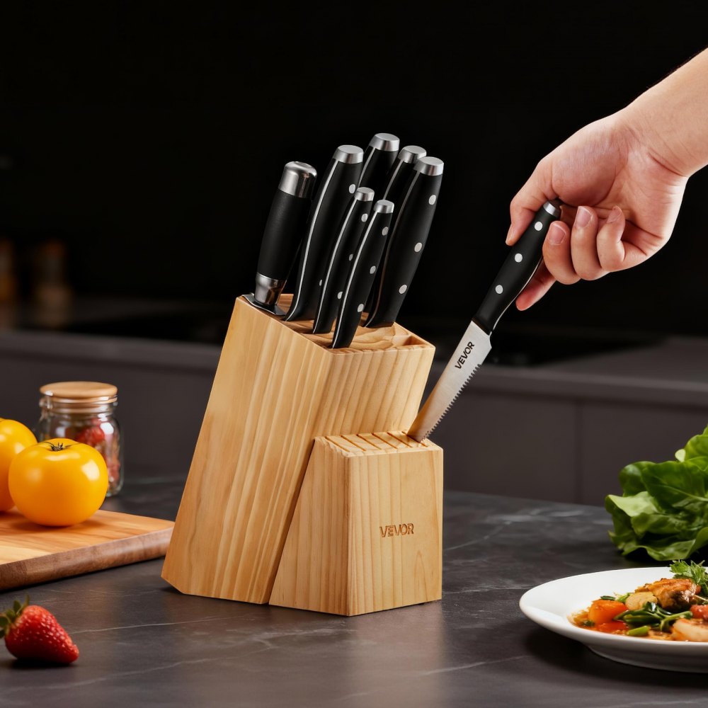 VEVOR Kitchen Knife Set with Block and Sharpener, 15 Piece High Carbon Stainless Steel Sharp Knife Set, Kitchen Cutlery with Ergonomic Handle, Sharpening Rod and Premium Wooden Block, for Home Cooks