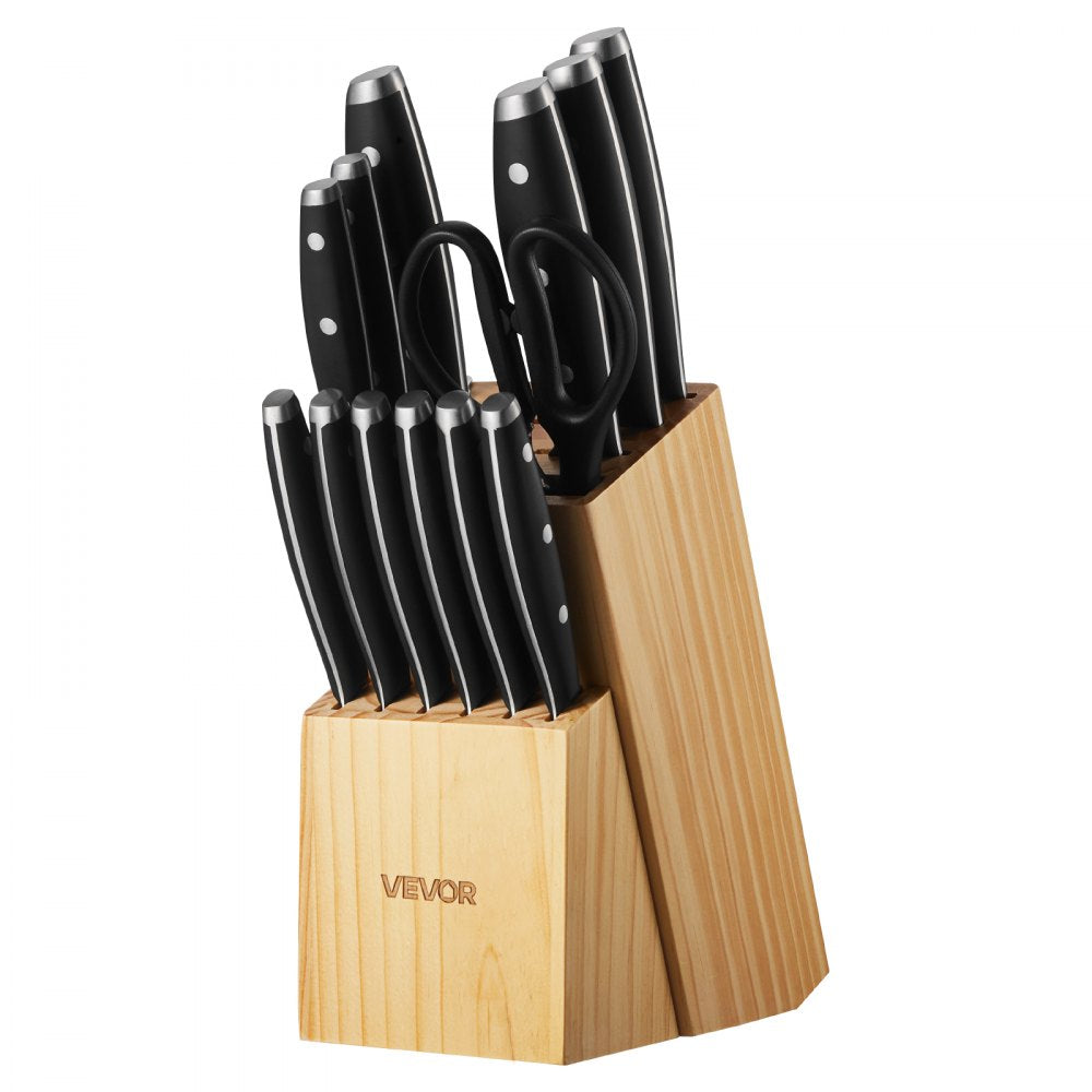VEVOR Kitchen Knife Set with Block and Sharpener, 15 Piece High Carbon Stainless Steel Sharp Knife Set, Kitchen Cutlery with Ergonomic Handle, Sharpening Rod and Premium Wooden Block, for Home Cooks