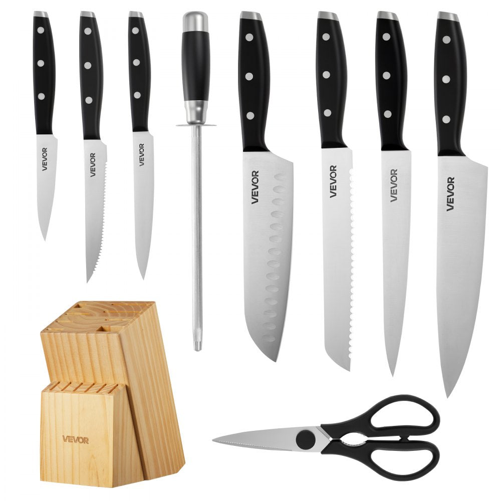 VEVOR Kitchen Knife Set with Block and Sharpener, 15 Piece High Carbon Stainless Steel Sharp Knife Set, Kitchen Cutlery with Ergonomic Handle, Sharpening Rod and Premium Wooden Block, for Home Cooks