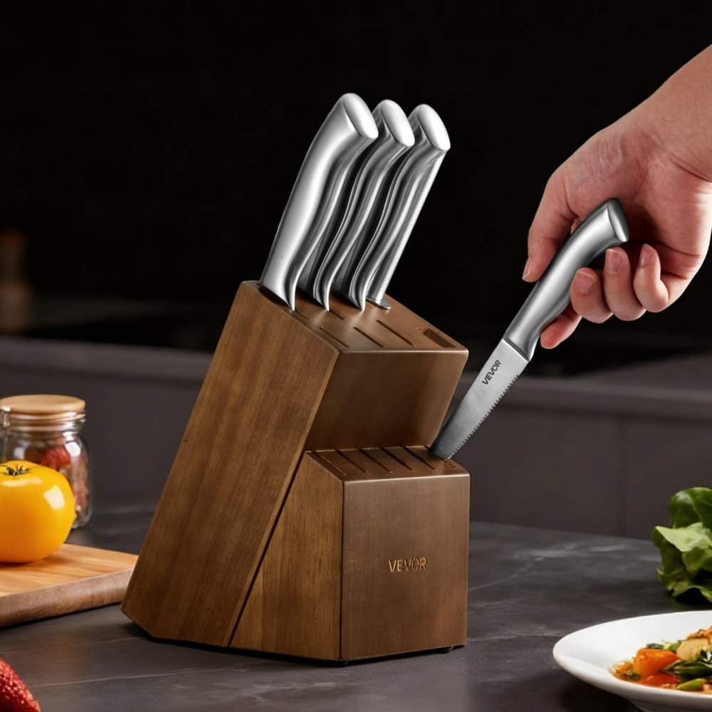 VEVOR Kitchen Knife Set with Block and Sharpener, 15 Piece German High Carbon Stainless Steel  Sharp Knife Set, Kitchen Cutlery with Ergonomic Handle, Sharpening Rod and Wooden Block, for Home Cooks