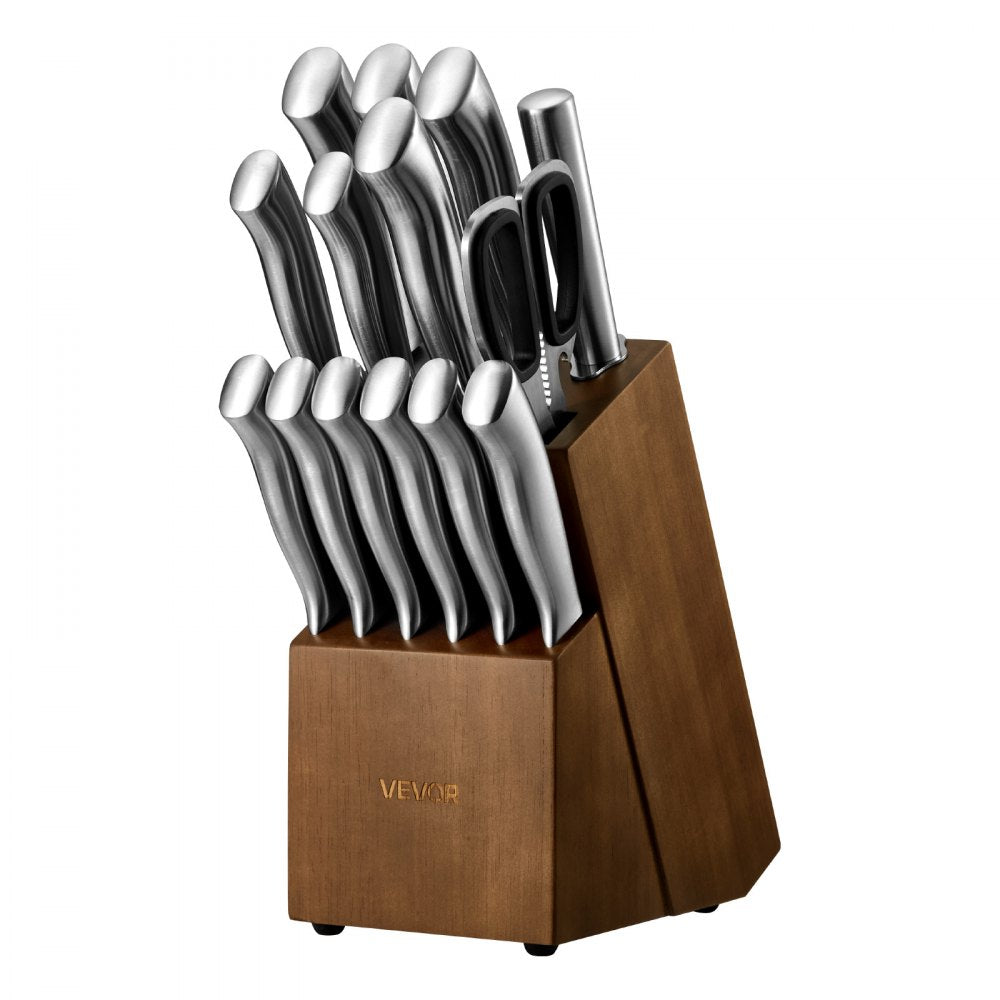 VEVOR Kitchen Knife Set with Block and Sharpener, 15 Piece German High Carbon Stainless Steel  Sharp Knife Set, Kitchen Cutlery with Ergonomic Handle, Sharpening Rod and Wooden Block, for Home Cooks