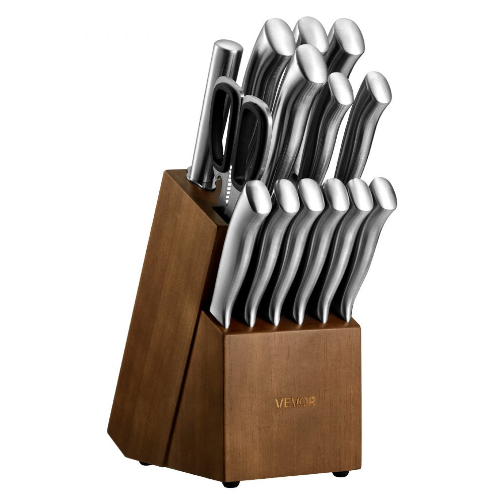 VEVOR Kitchen Knife Set with Block and Sharpener, 15 Piece German High Carbon Stainless Steel  Sharp Knife Set, Kitchen Cutlery with Ergonomic Handle, Sharpening Rod and Wooden Block, for Home Cooks