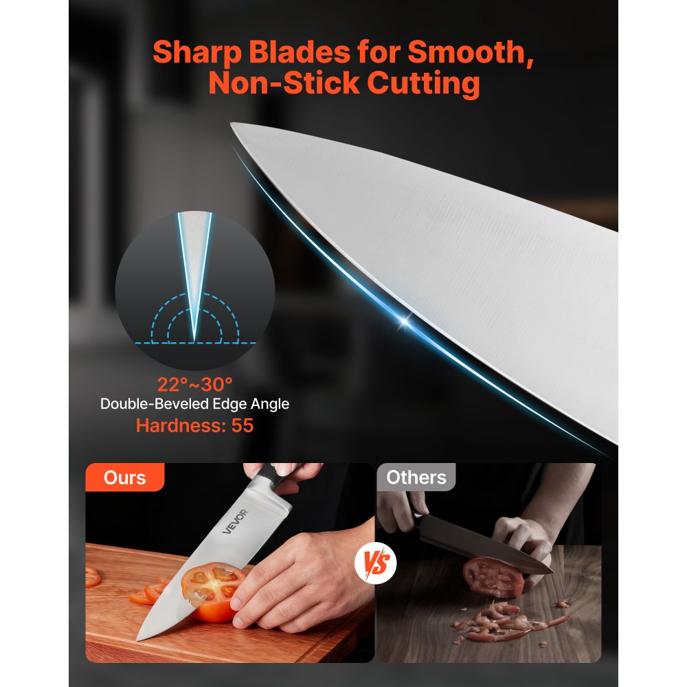 VEVOR Kitchen Knife Set with Block and Sharpener, 15 Piece High Carbon Stainless Steel Sharp Knife Set, Kitchen Cutlery with Crack-Resistant Handle, Sharpening Rod and Wooden Block, for Home Cooks