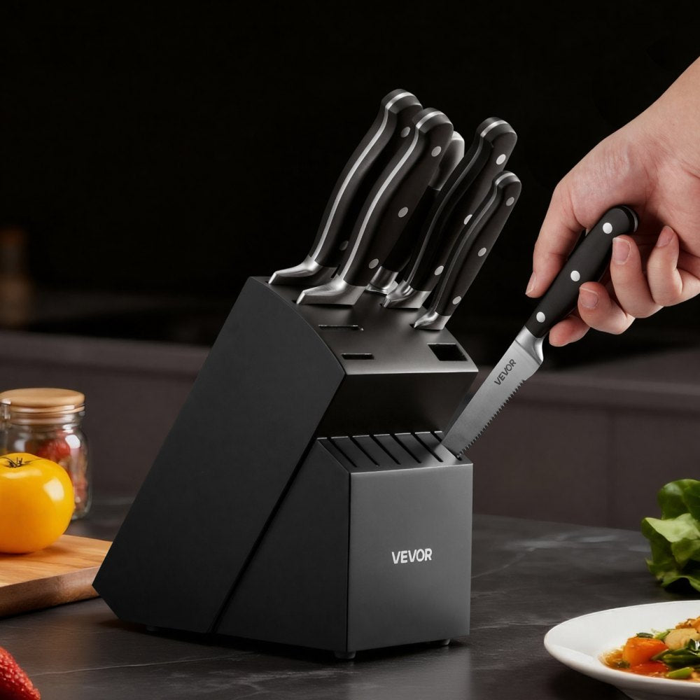 VEVOR Kitchen Knife Set with Block and Sharpener, 15 Piece High Carbon Stainless Steel Sharp Knife Set, Kitchen Cutlery with Crack-Resistant Handle, Sharpening Rod and Wooden Block, for Home Cooks