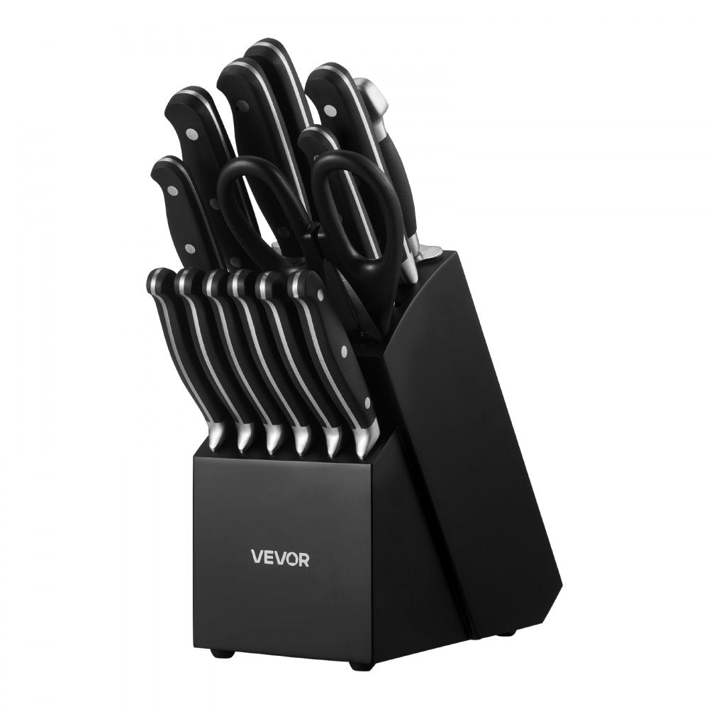 VEVOR Kitchen Knife Set with Block and Sharpener, 15 Piece High Carbon Stainless Steel Sharp Knife Set, Kitchen Cutlery with Crack-Resistant Handle, Sharpening Rod and Wooden Block, for Home Cooks