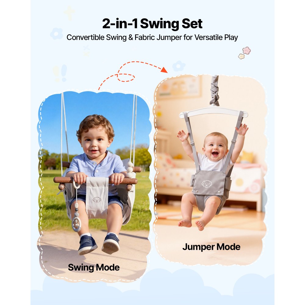 VEVOR Toddler Swing and Jumper, 2 in 1 Swing Set and Bouncer, Soft Cushion with Foldable A-Frame Metal Stand, Heavy-Duty Thick Ropes, Easy to Install and Store, for Indoor or Outdoor Play, Gray