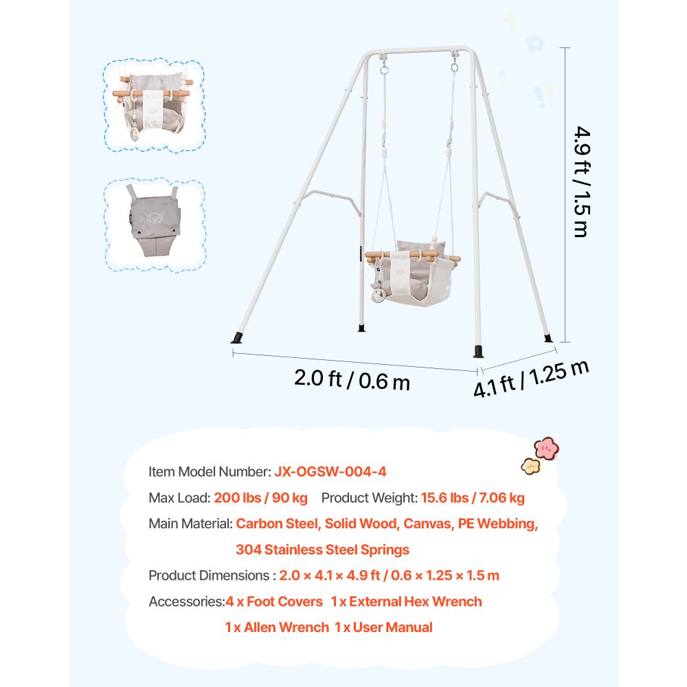 VEVOR Toddler Swing and Jumper, 2 in 1 Swing Set and Bouncer, Soft Cushion with Foldable A-Frame Metal Stand, Heavy-Duty Thick Ropes, Easy to Install and Store, for Indoor or Outdoor Play, Gray