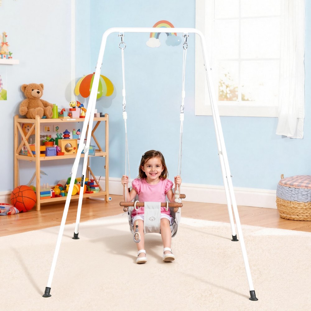VEVOR Toddler Swing and Jumper, 2 in 1 Swing Set and Bouncer, Soft Cushion with Foldable A-Frame Metal Stand, Heavy-Duty Thick Ropes, Easy to Install and Store, for Indoor or Outdoor Play, Gray