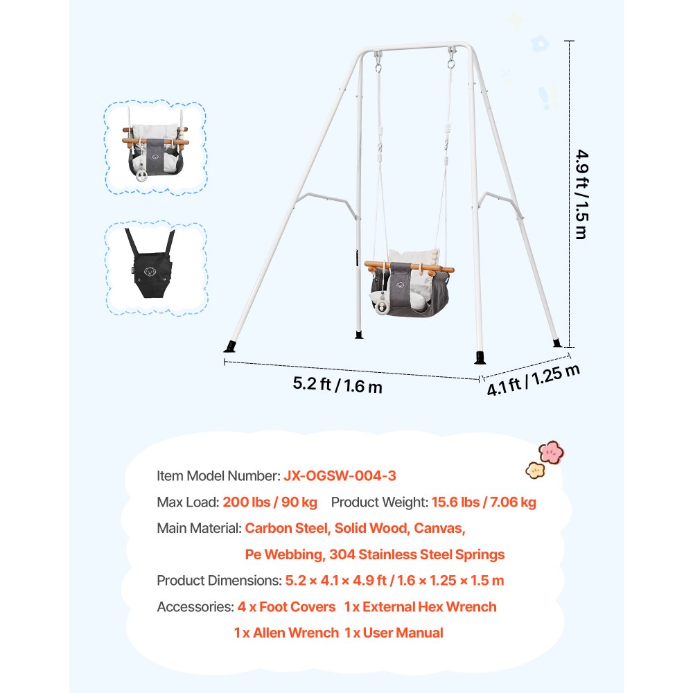 VEVOR Toddler Swing and Jumper, 2 in 1 Swing Set and Bouncer, Soft Cushion with Foldable A-Frame Metal Stand, Heavy-Duty Thick Ropes, Easy to Install and Store, for Indoor or Outdoor Play, Black