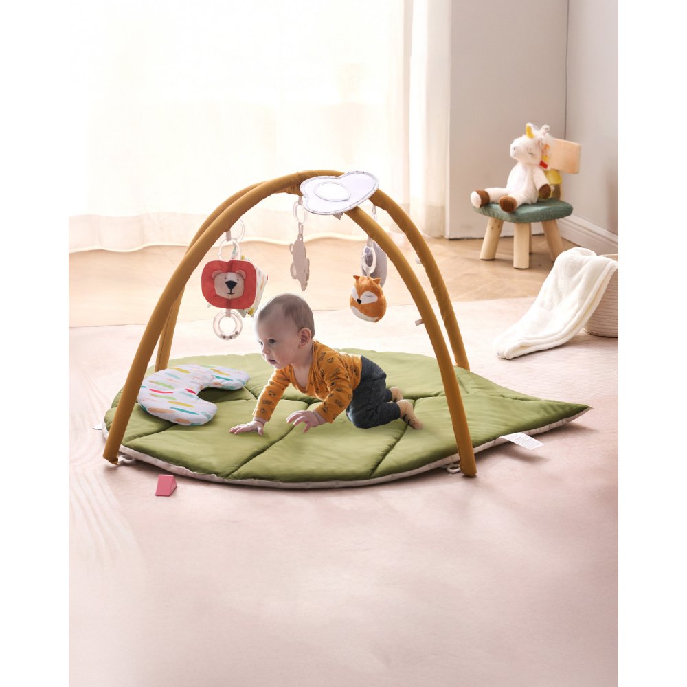 VEVOR Baby Play Gym Mat, Baby Activity Mat with 6 Sensory Toys, Oversize Leaf-Shaped Tummy Time Mat for 0-18 Months Newborn Infant, Baby Essential Gift for Motor Skills & Early Cognitive Development