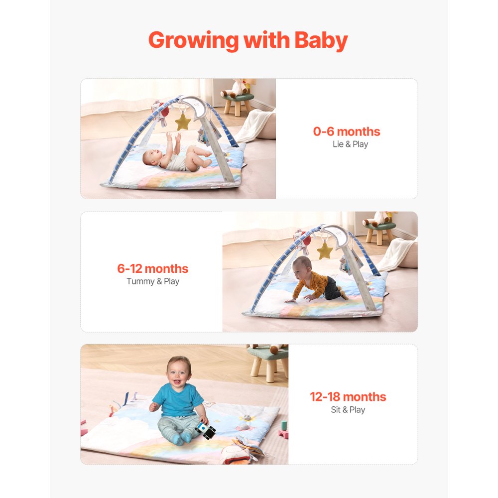VEVOR Baby Play Gym Mat, Tummy Time Mat with 6 Sensory Toys, Baby Activity Mat with Light-up Musical Rocket Toy for 0-18 Month Newborn Infant, Baby Essential Gift for Sensory & Motor Skill Development