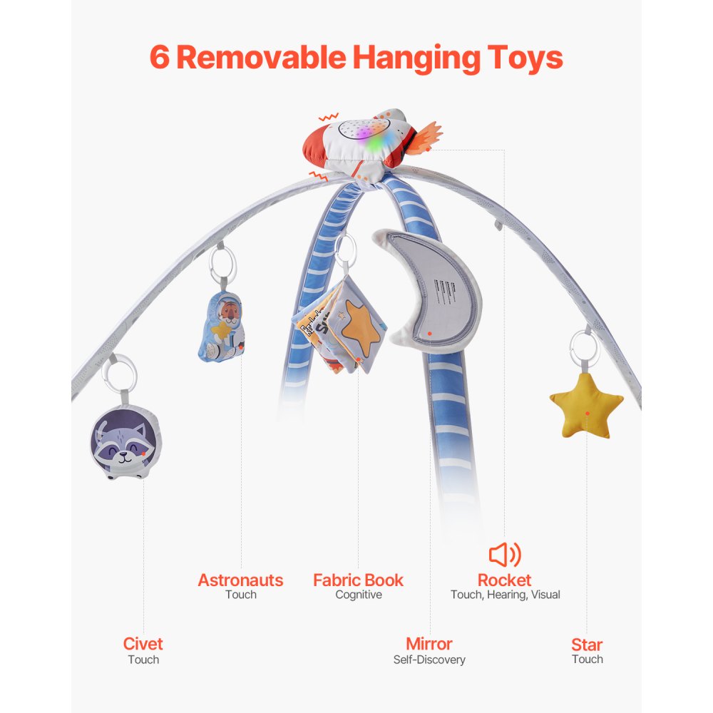 VEVOR Baby Play Gym Mat, Tummy Time Mat with 6 Sensory Toys, Baby Activity Mat with Light-up Musical Rocket Toy for 0-18 Month Newborn Infant, Baby Essential Gift for Sensory & Motor Skill Development