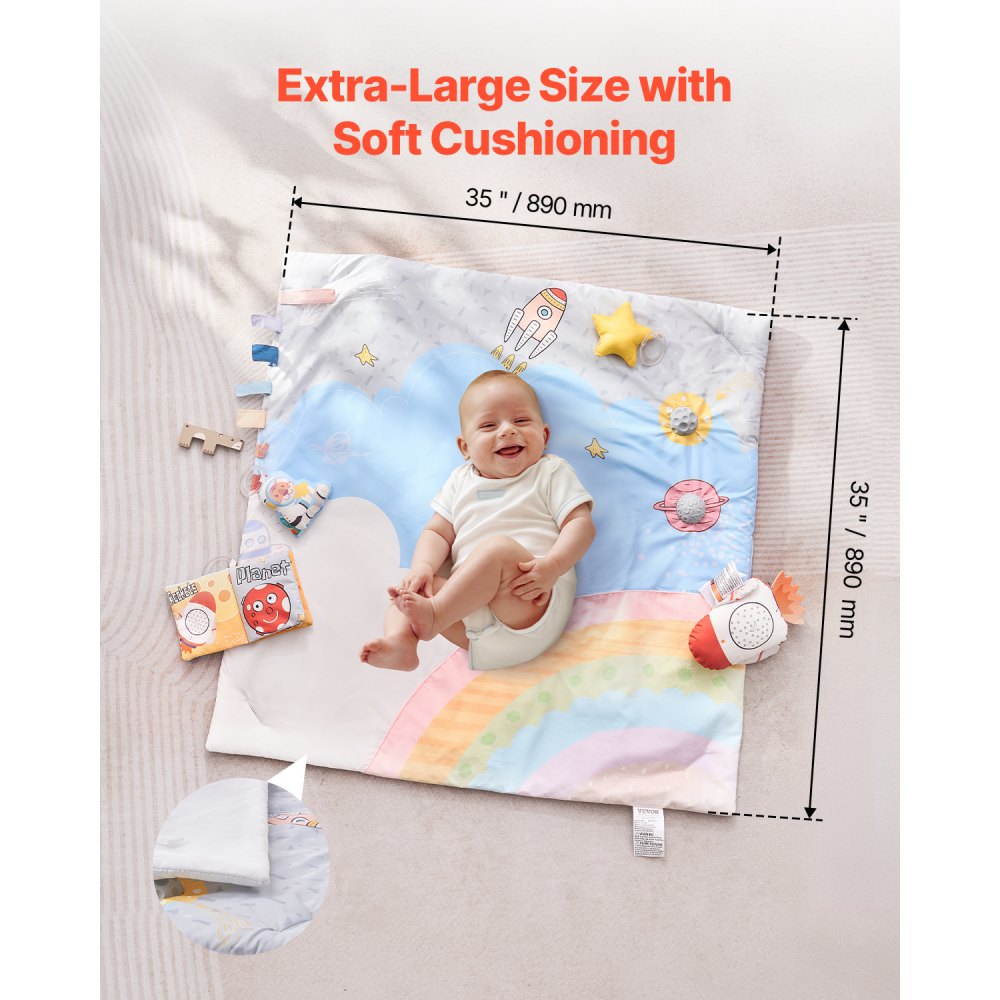 VEVOR Baby Play Gym Mat, Tummy Time Mat with 6 Sensory Toys, Baby Activity Mat with Light-up Musical Rocket Toy for 0-18 Month Newborn Infant, Baby Essential Gift for Sensory & Motor Skill Development
