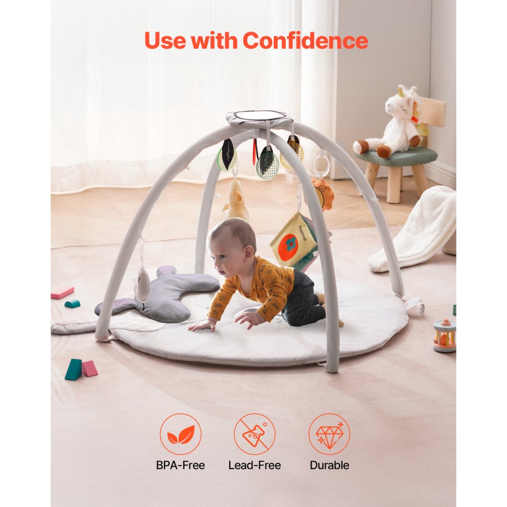 VEVOR Baby Play Gym Mat, Tummy Time Mat with 5 Sensory Toys, Baby Activity Mat with Light-up Musical Duck Toy for 0-18 Months Newborn Infant, Baby Essential Gift for Sensory & Motor Skill Development
