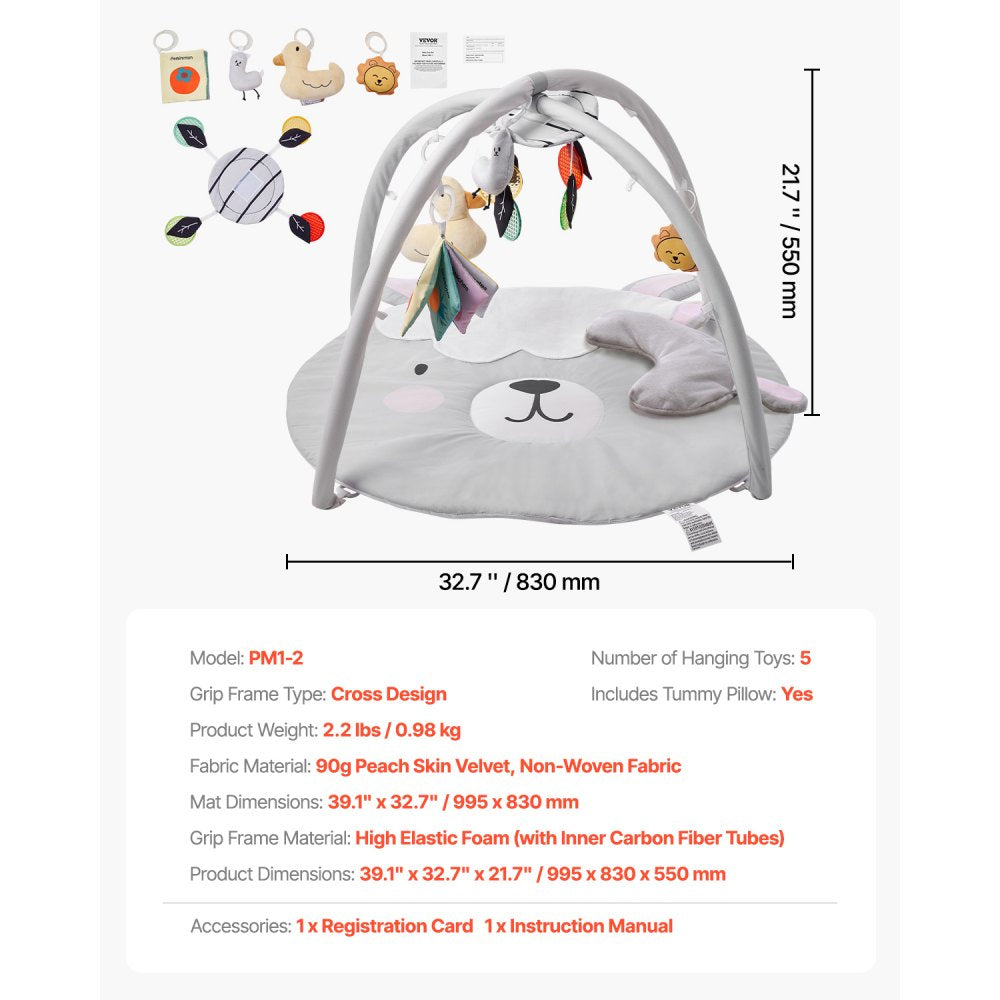 VEVOR Baby Play Gym Mat, Tummy Time Mat with 5 Sensory Toys, Baby Activity Mat with Light-up Musical Duck Toy for 0-18 Months Newborn Infant, Baby Essential Gift for Sensory & Motor Skill Development