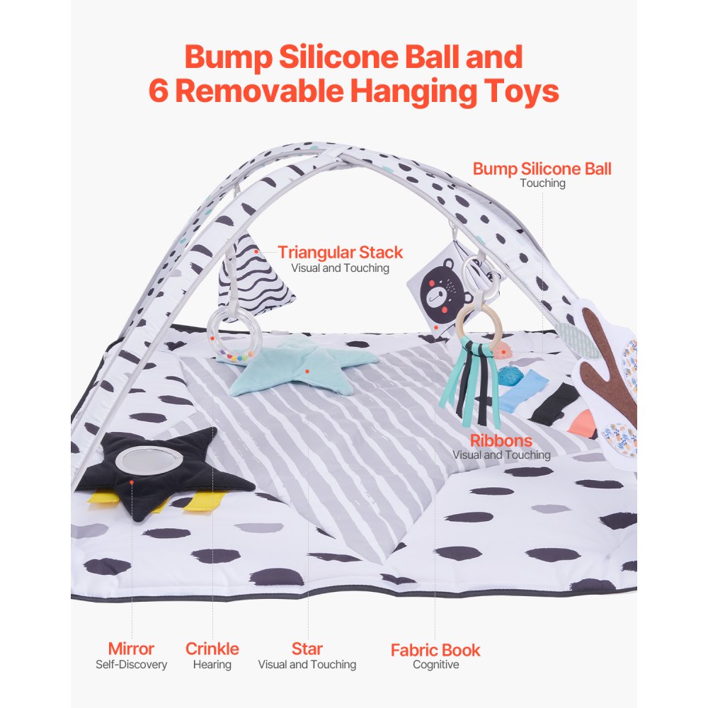 VEVOR Baby Play Gym Mat, Tummy Time Mat with 6 Sensory Toys, Baby Activity Mat with 2 Touch Balls & Soft Fabric for Sensory & Motor Skill Development, Baby Essential Gift for 0-18 Month Newborn Infant