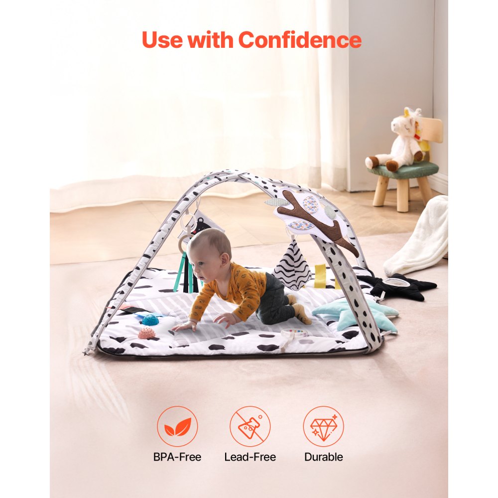 VEVOR Baby Play Gym Mat, Tummy Time Mat with 6 Sensory Toys, Baby Activity Mat with 2 Touch Balls & Soft Fabric for Sensory & Motor Skill Development, Baby Essential Gift for 0-18 Month Newborn Infant