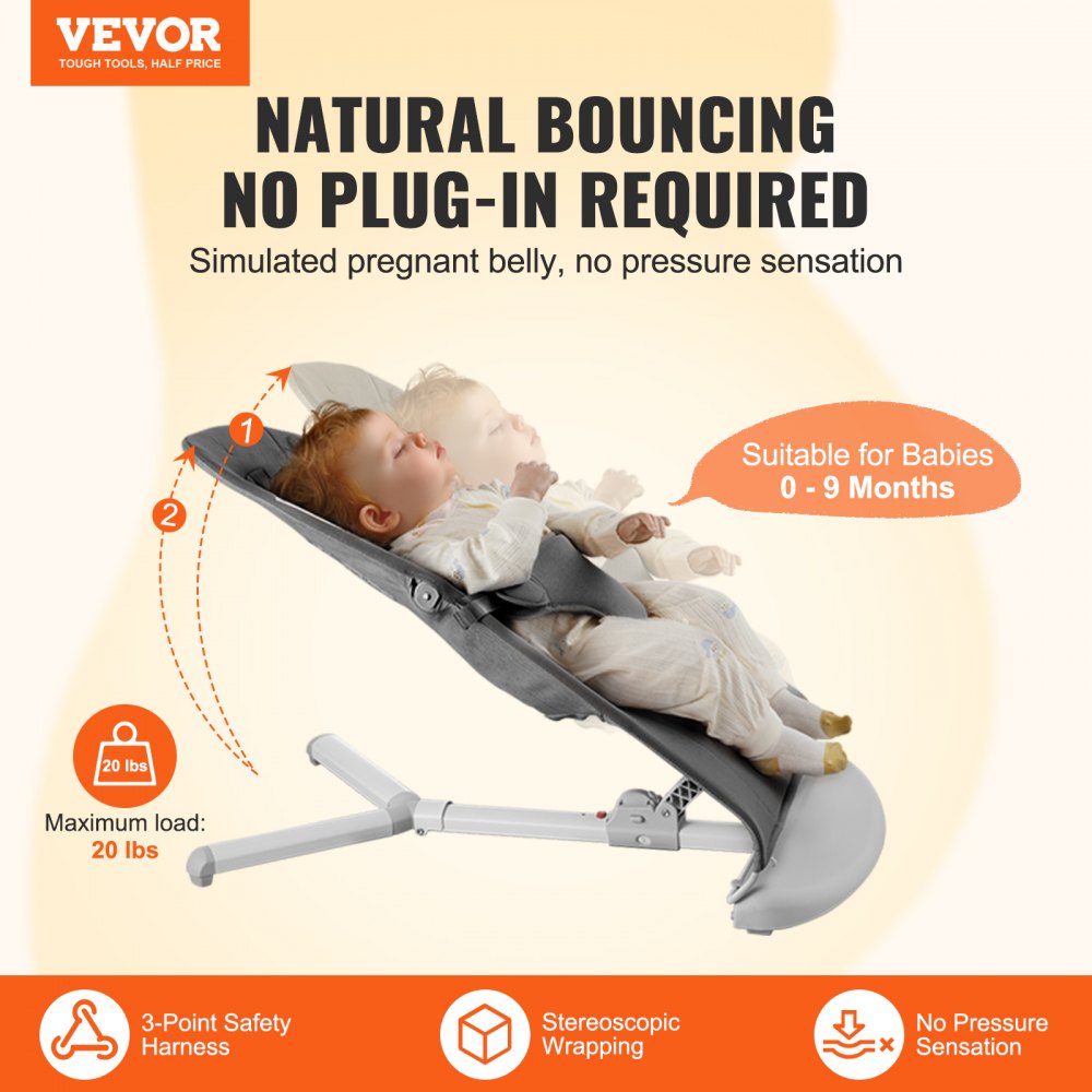 VEVOR Baby Bouncer, Folding Bouncer Seat for Babies 0-9 Months, Newborn Bouncer Chair with 2 Reclining Angles & 3-Point Harness, Portable Infant Rocker with Carrying Bag for Indoor Outdoor, Dark Gray