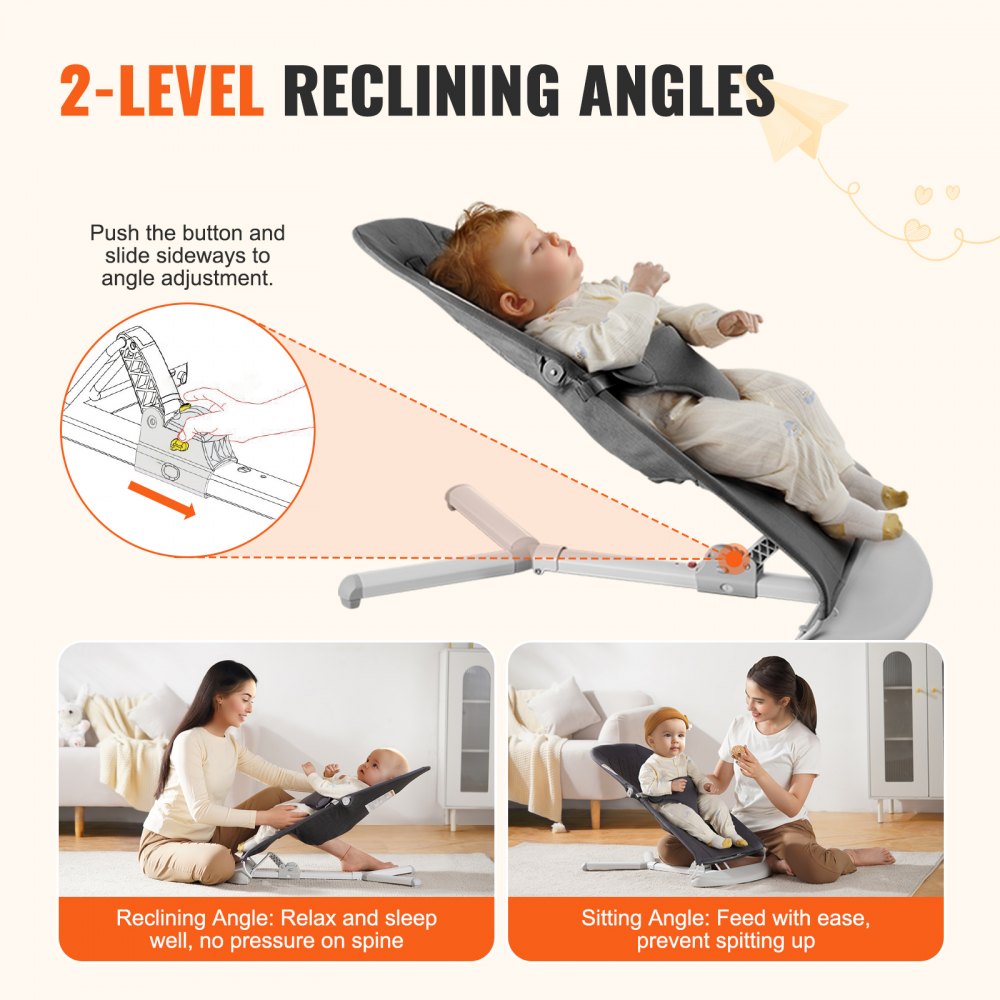 VEVOR Baby Bouncer, Folding Bouncer Seat for Babies 0-9 Months, Newborn Bouncer Chair with 2 Reclining Angles & 3-Point Harness, Portable Infant Rocker with Carrying Bag for Indoor Outdoor, Dark Gray