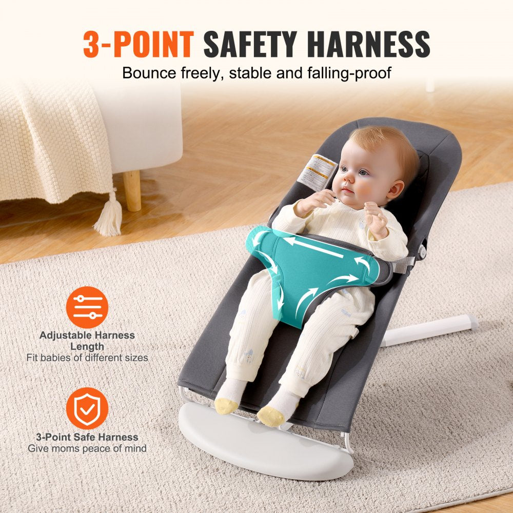 VEVOR Baby Bouncer, Folding Bouncer Seat for Babies 0-9 Months, Newborn Bouncer Chair with 2 Reclining Angles & 3-Point Harness, Portable Infant Rocker with Carrying Bag for Indoor Outdoor, Dark Gray