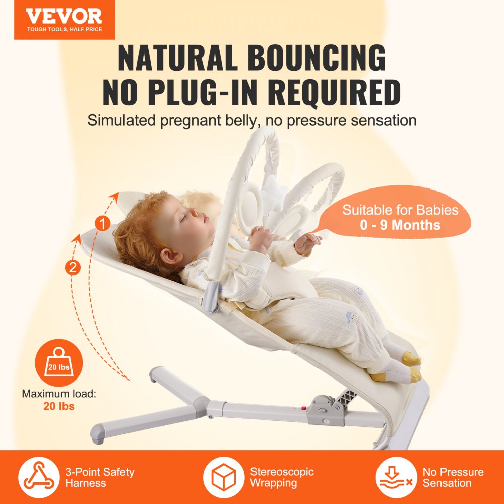 VEVOR Baby Bouncer, Folding Bouncer Seat for Babies 0-9 Months, Newborn Bouncer Chair with 2 Reclining Angles & Rotatable Toy Bar, Portable Infant Rocker with Carrying Bag for Indoors Outdoors, Beige