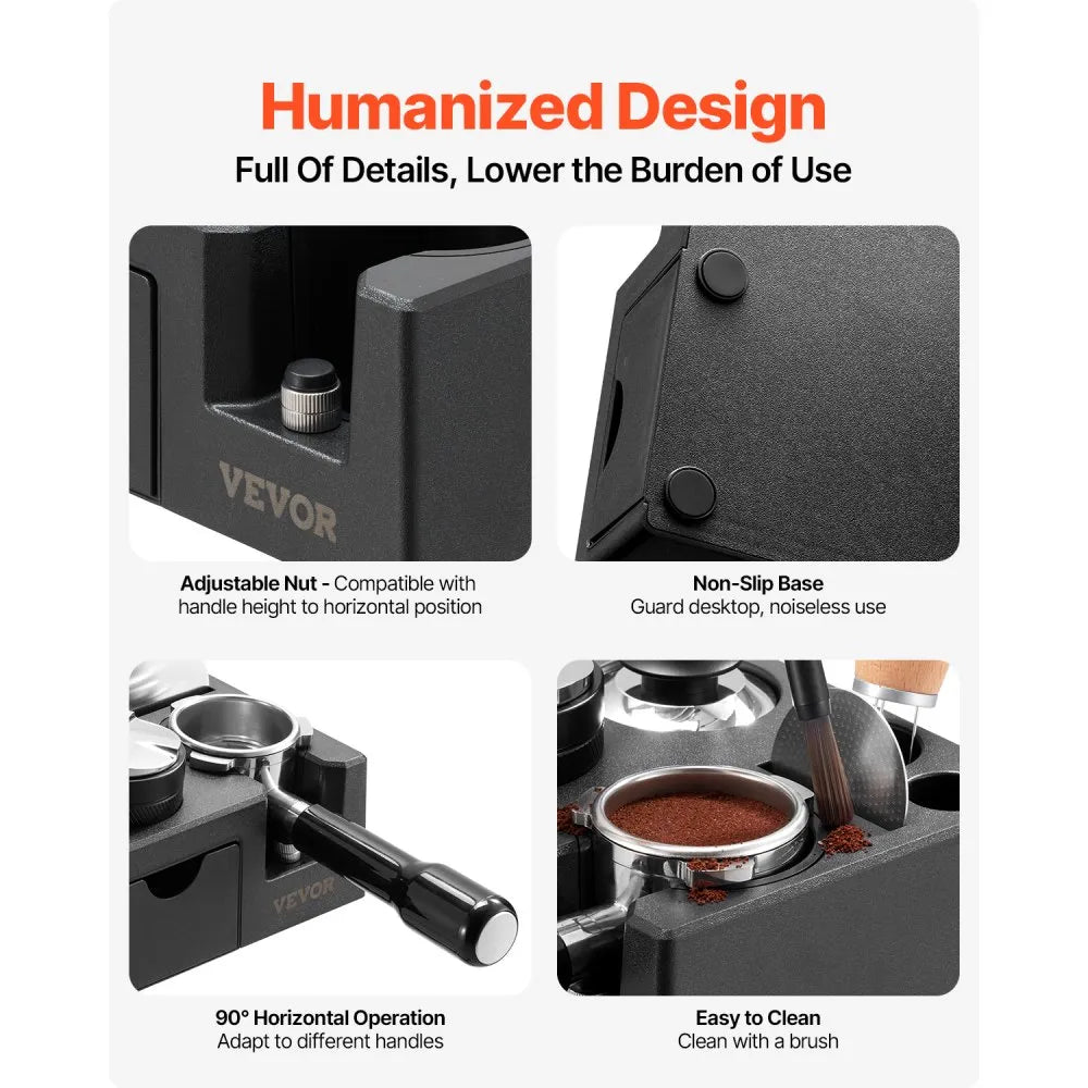 VEVOR Espresso Tamping Station, ABS Material, 7-in-1 Multifunctional Tamping Station with Detachable Slot, Easy to Clean Espresso Knock Box with Non-Slip Base, Fits for 51-58 mm Handles