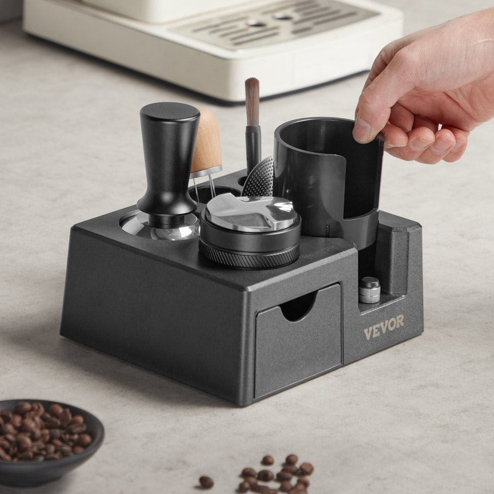 VEVOR Espresso Tamping Station, ABS Material, 7-in-1 Multifunctional Tamping Station with Detachable Slot, Easy to Clean Espresso Knock Box with Non-Slip Base, Fits for 51-58 mm Handles