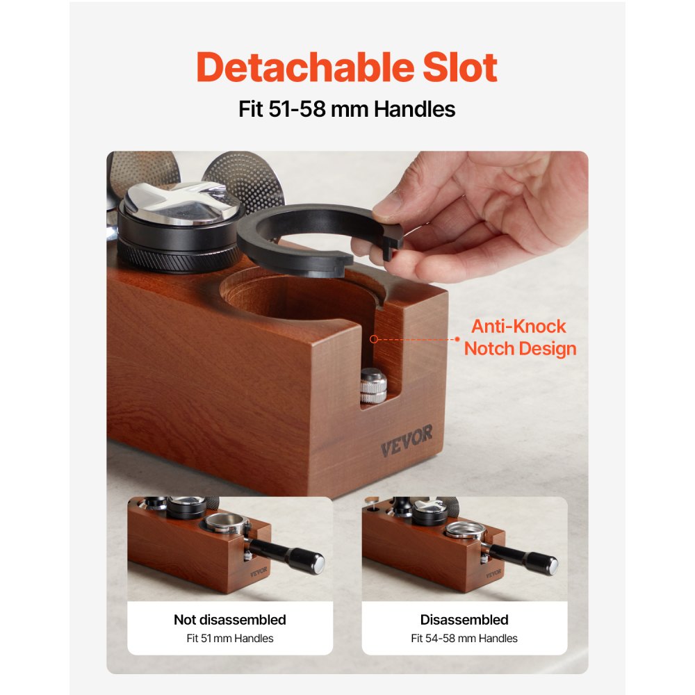 VEVOR Espresso Tamping Station, Sapele Wood, 8-in-1 Multifunctional Tamping Station with Detachable Slot, Easy to Clean Espresso Knock Box with Non-Slip Base, Fits for 51-58 mm Handles