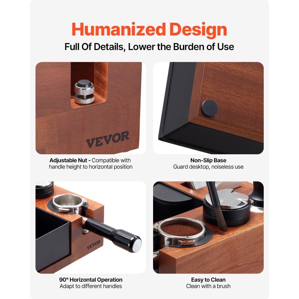 VEVOR Espresso Tamping Station, Sapele Wood, 9-in-1 Multifunctional Tamping Station with Detachable Slot, Easy to Clean Espresso Knock Box with Non-Slip Base, Fits for 51-58 mm Handles